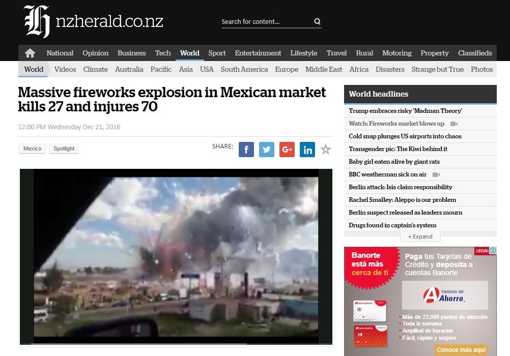 Reacciones de la prensa internacional por las explosiones en Tultepec - tultepec-nz-herald