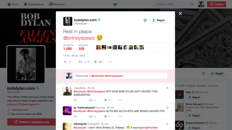 Hackean cuentas de Twitter de Sony Music y Bob Dylan
