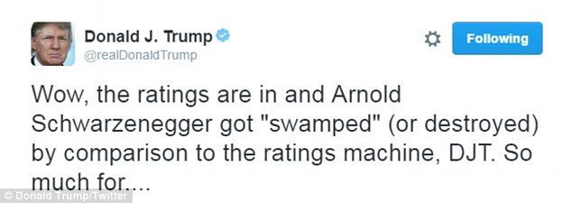 Trump se burla de Schwarzenegger por bajo rating - 3BE4F60500000578-4094784-_Wow_the_ratings_are_in_and_Arnold_Schwarzenegger_got_swamped_or-m-1_1483712109929