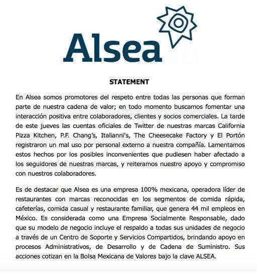 ¿Qué le pasó a las cuentas de Twitter de Alsea? - alsea-comunicado