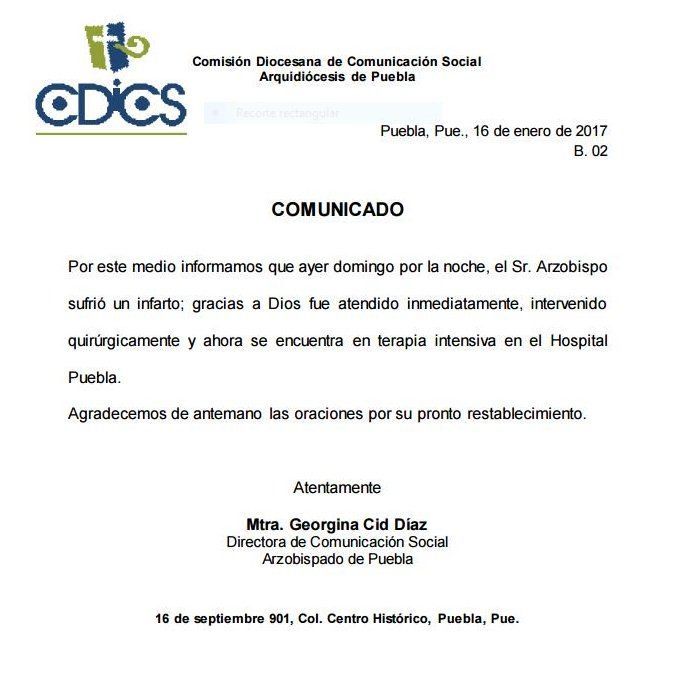 Sufre infarto arzobispo de Puebla - comunicado-arzobispo-puebla