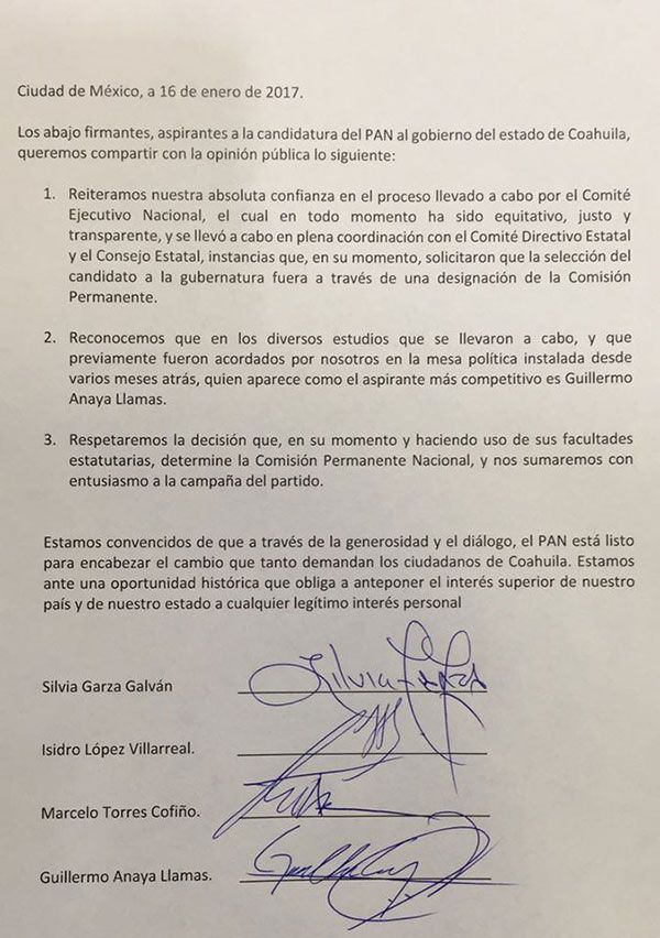 Luis Fernando Salazar acusa de traición a Ricardo Anaya - comunicado-aspirantes-pan-coahuila