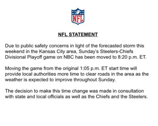 Cambia de horario el partido entre Steelers y Chiefs - comunicado-nfl