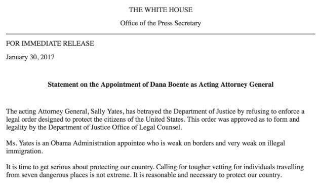 Donald Trump despide a secretaria de Justicia interina - comunicado-sally-yates