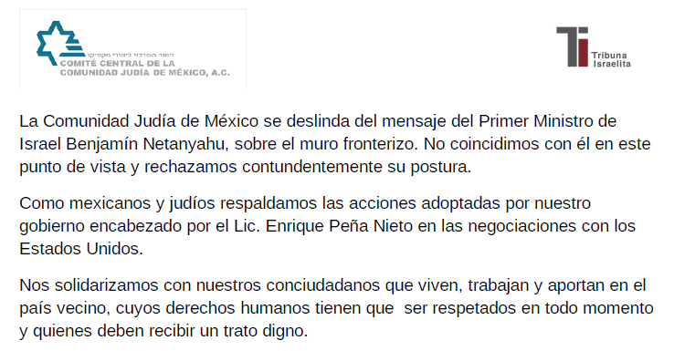 El gobierno de México decepcionado por tuit de Netanyahu. Comunidad judía en nuestro país se deslinda - judios