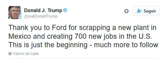 Trump agradece a Ford tras cancelación de planta en México - trump-ford-tuit