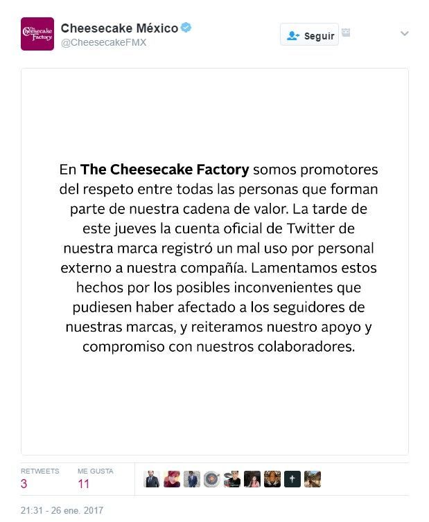 Restaurantes de Alsea ofrece disculpas por tuits ofensivos - tuit-cheesecake-mx