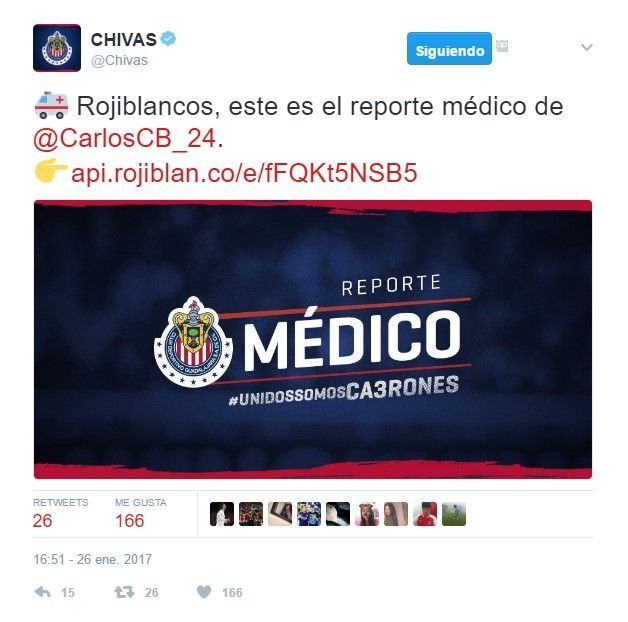 Carlos Cisneros será baja otros tres meses - tuit-chivas