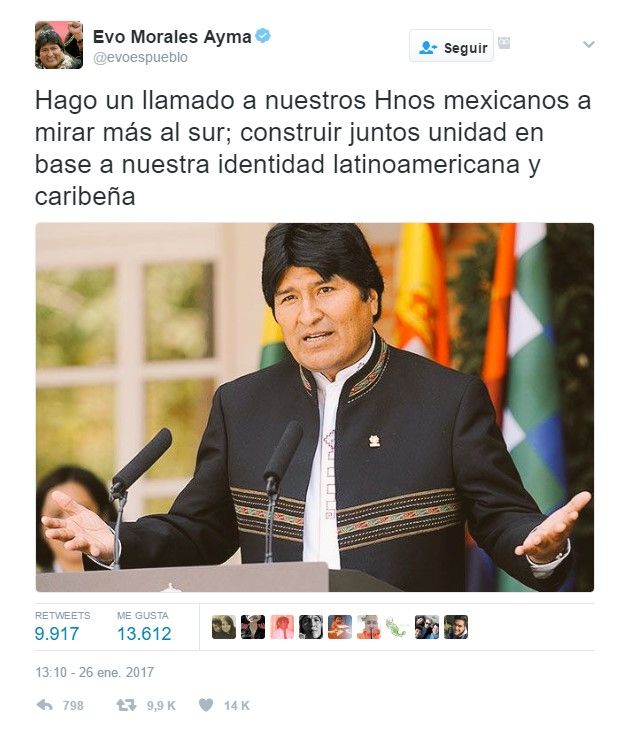 Evo Morales llama a México "mirar más al sur" - tuit-evo-morales