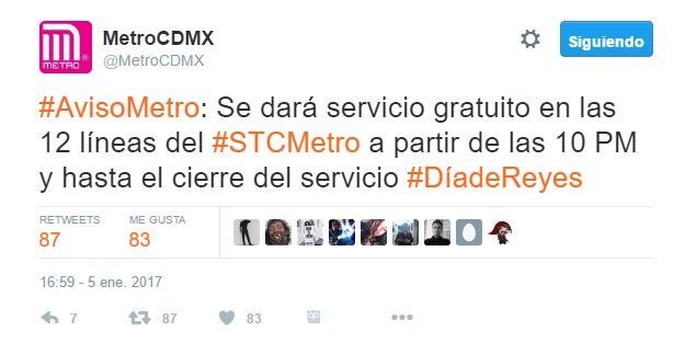 Transporte gratis esta noche en la Ciudad de México - tuit-metro