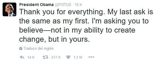 Tuit de despedida de Obama, el más popular de la cuenta presidencial - tuit-obama