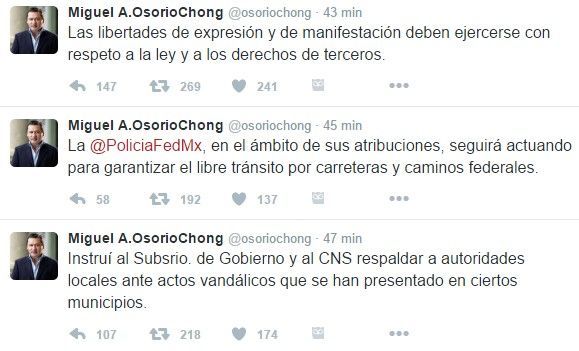 PF apoyará a gobiernos locales ante saqueos a tiendas - tuit-osorio-chong