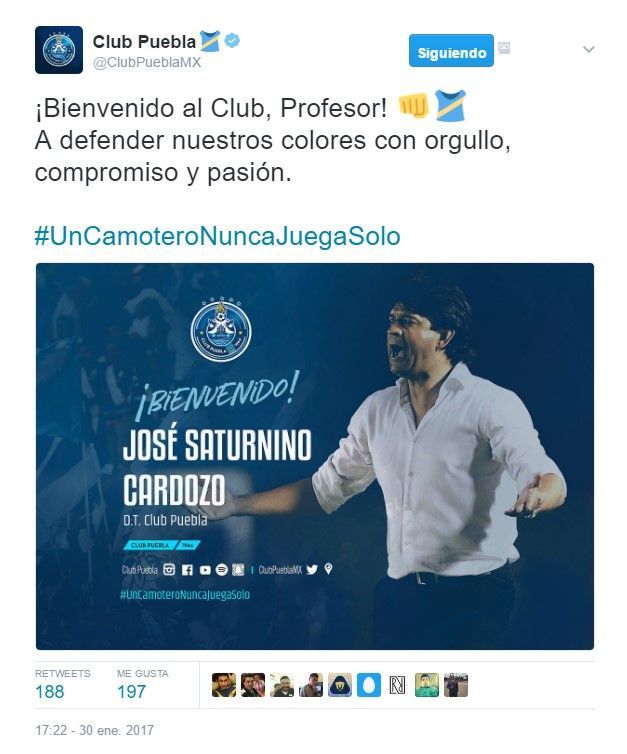 José Saturnino Cardozo nuevo entrenador del Puebla - tuit-puebla-cardozo