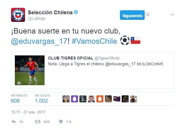 Tigres confirma contratación de Eduardo Vargas - tuit-selección-chile