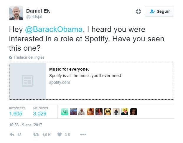 Spotify ofrece puesto a Barack Obama - tuit-spotifiy-ek-ceo