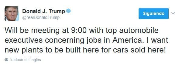 "Quiero que se construyan nuevas plantas aquí para vender autos aquí": Trump - tuit-trump-coches