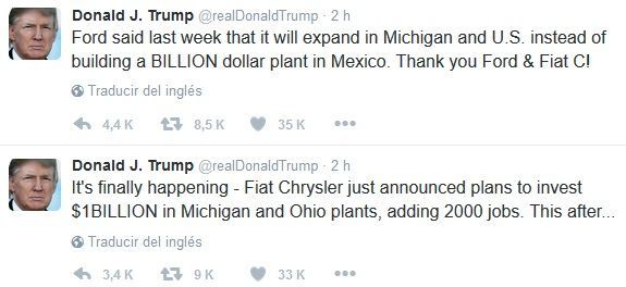 Fiat Chrysler transfiere producción de México a EE.UU. - tuit-trump-fiat-gm