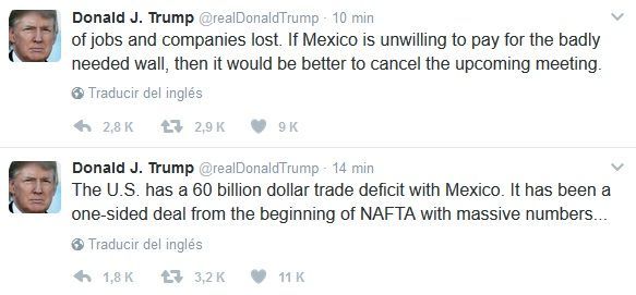 Trump a México: 'pagan el muro o no habrá reunión con su presidente' - tuit-trump-tlc