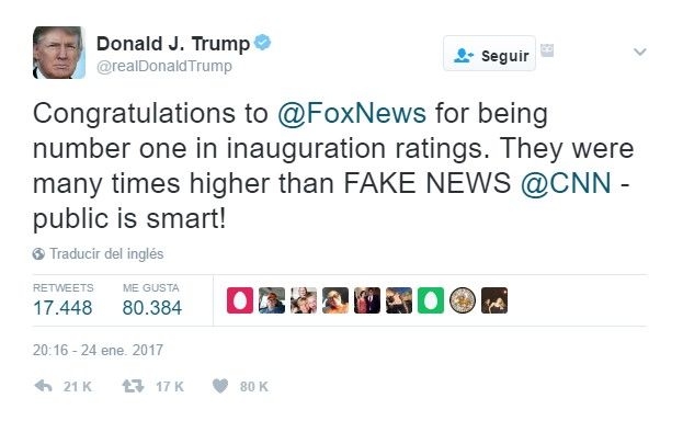 Trump felicita a Fox News por su cobertura y critica a CNN - tuit-trump