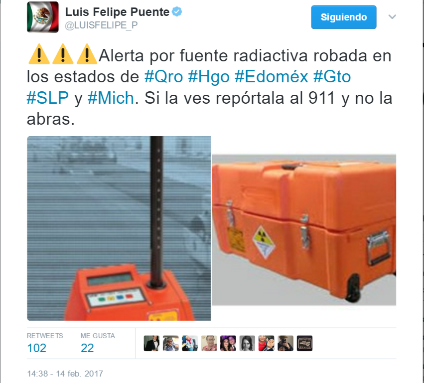 Roban fuente radiactiva. Alertan en seis estados del país - Luis-Felipe-Puente-Tuit-fuente-radiactiva-Twitter