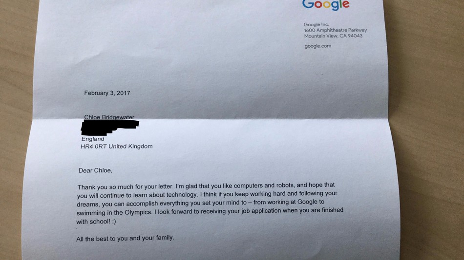 El amable rechazo del CEO de Google a una niña de 7 años - carta-google