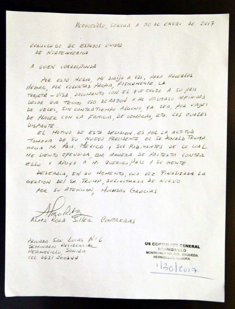 Mexicana devuelve visa en protesta contra Donald Trump - carta-mexicana-visa-e1486150508300-779x1024