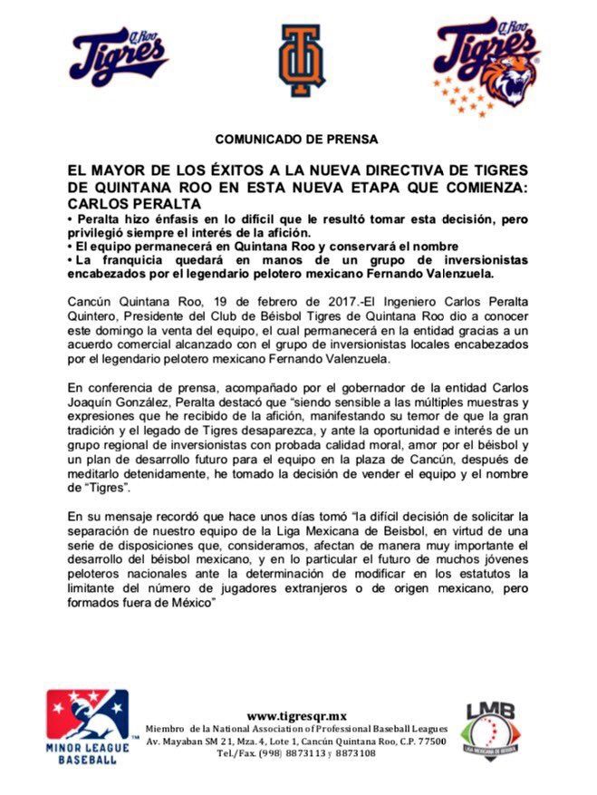Fernando El Toro Valenzuela compra los Tigres de Quintana Roo - comunicado-1
