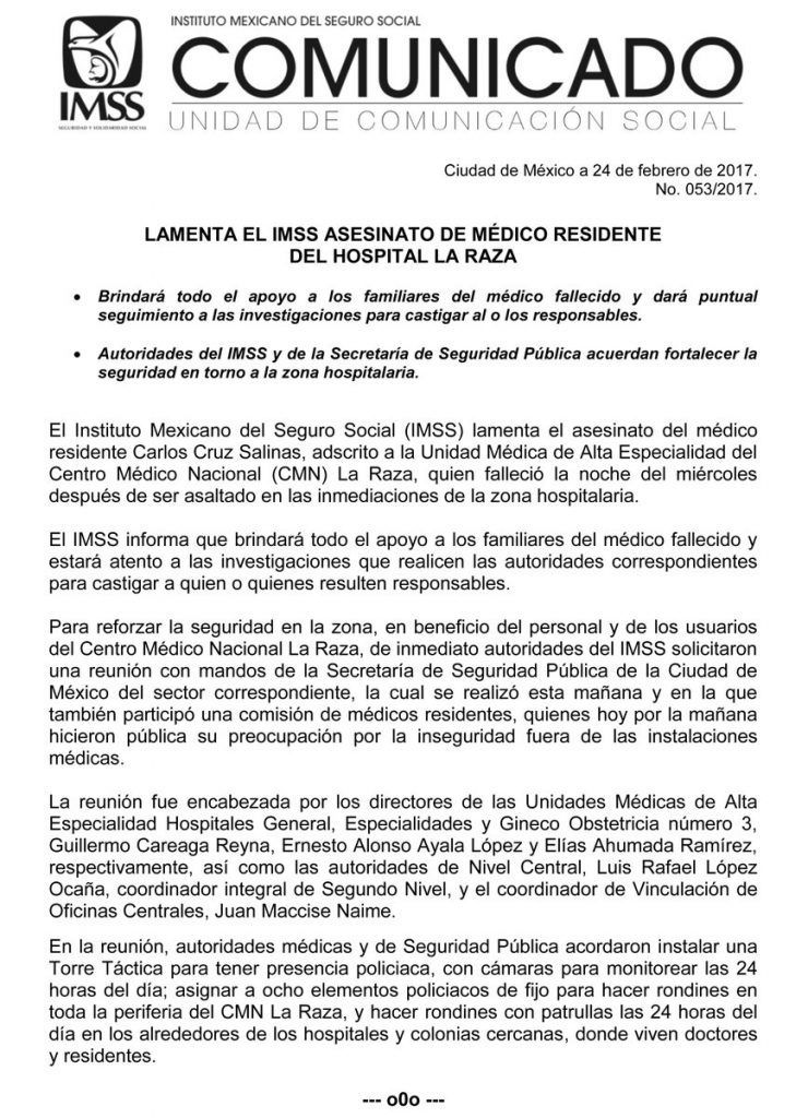 IMSS fortalecerán vigilancia en La Raza tras homicidio de médico - comunicado-2-740x1024