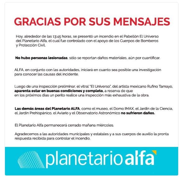 Se incendia Planetario Alfa en Monterrey - comunicado-panetario-alfa