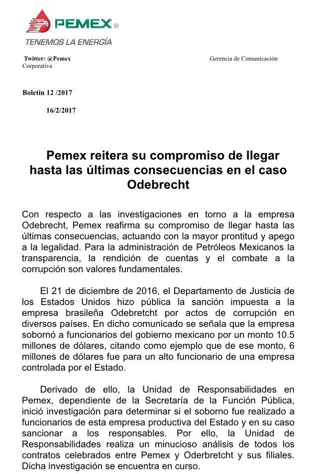 Pemex abre investigación por caso Odebretcht - comunicado-pemex