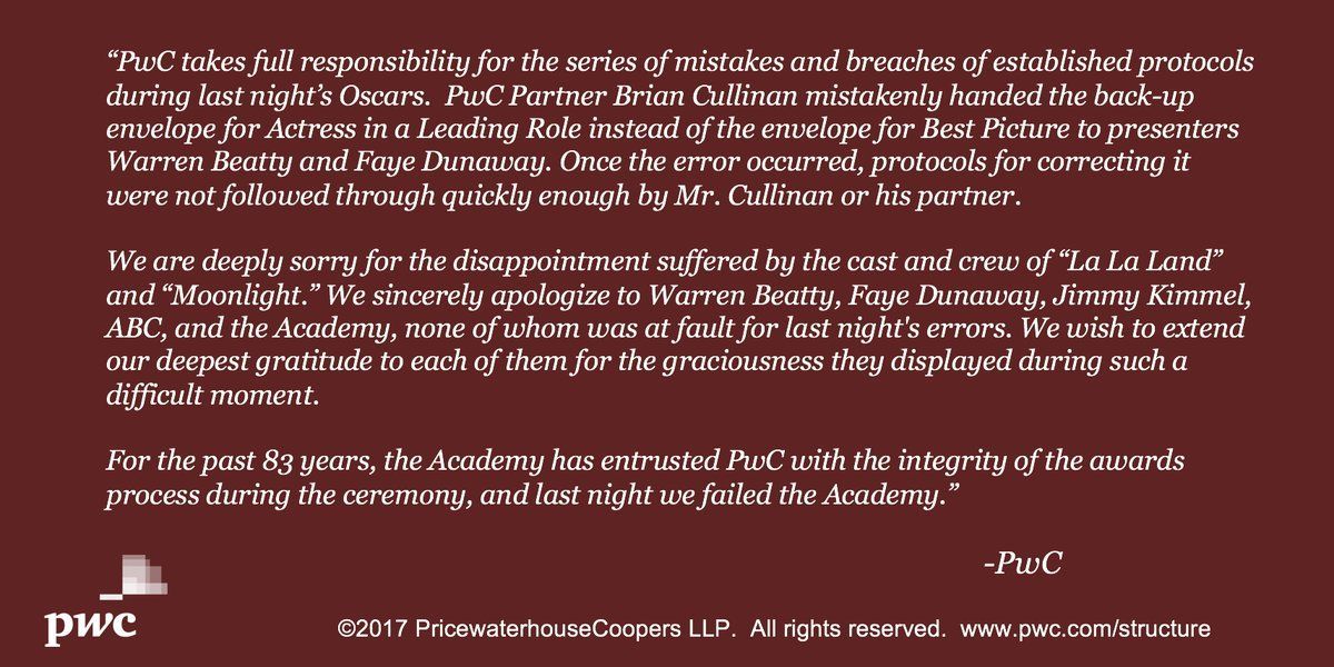 Academia de Cine se disculpa por error en los Óscar - comunicado-pwc