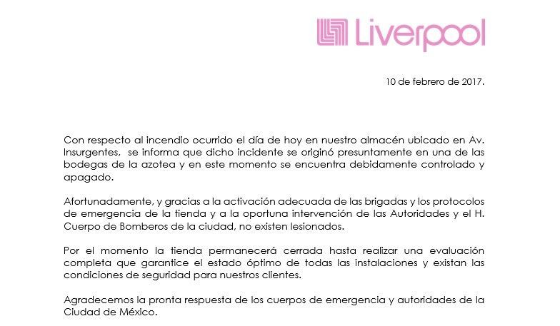 Liverpool Insurgentes permanecerá cerrado hasta garantizar seguridad - liverpool-comunicado