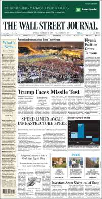 Marcha contra Trump y Adele en primeras planas del lunes - portadas-13-feb-twsj