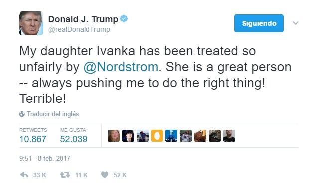 Trump increpa a Nordstrom por quitar de su catálogo a Ivanka - trump-tuit