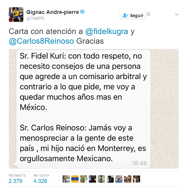 Gignac manda mensaje a Fidel Kuri y Carlos Reinoso - tuit-gignac-post