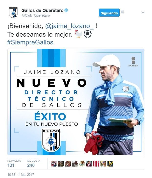 Gallos Blancos presenta a Jaime Lozano como su entrenador - tuit-lozano