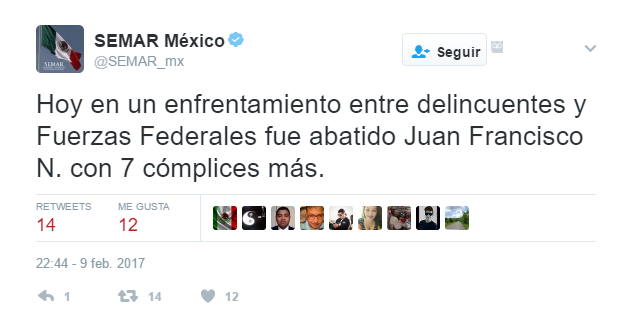 Abaten al "H2" líder regional de cártel de los Beltrán Leyva - tuit-semar-h2