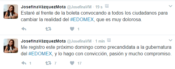 Josefina Vázquez Mota se registrará como precandidata al PAN en Edomex - tuits-josefina-vazquez-mota