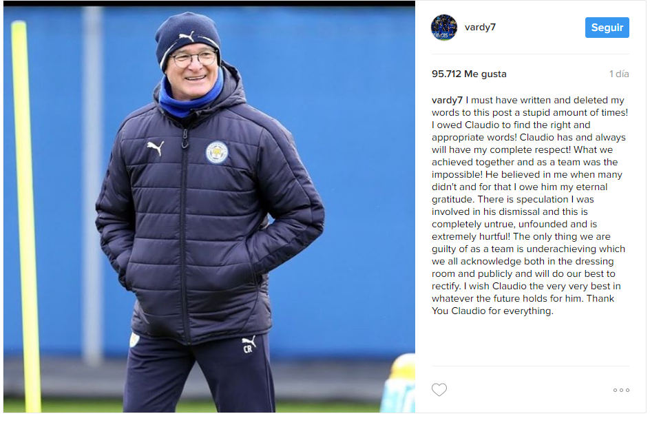 Jamie Vardy desmiente complot contra Ranieri - vardy-ranieri-post-instagram