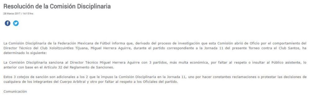 Amplían castigo a Miguel Herrera. Queda suspendido por cinco juegos - C8CKxTvVYAARw_l-1024x332