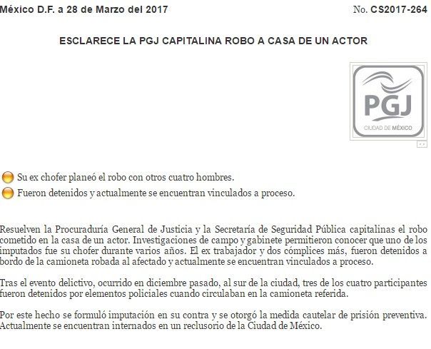 Arrestan a sujetos involucrados en robo a Eugenio Derbez - comunicado-derbez-pgj