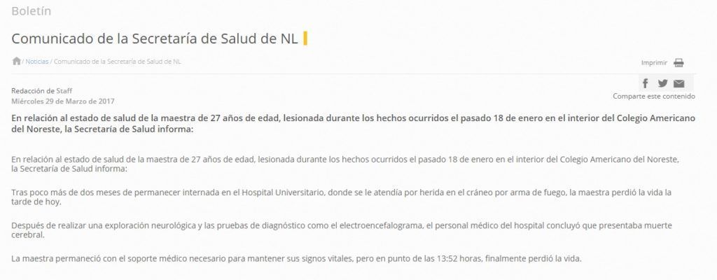 Muere maestra baleada en colegio de Monterrey - comunicado-nuevo-león-muerte-maestra-1024x400