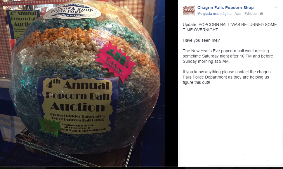 Roban esfera llena de palomitas de maíz en Ohio - esfera-de-palomitas