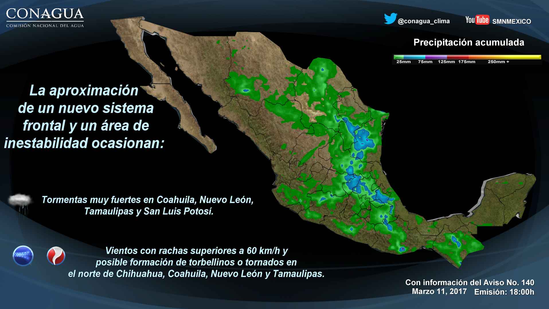 Continuarán lluvias y vientos fuertes en gran parte del país - tormentas