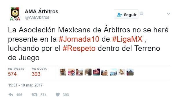 Suspendida la Liga MX. Árbitros se niegan a pitar - tuit-arbitros