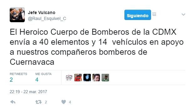 Bomberos de la Ciudad de México ayudan a sofocar incendio en Cuernavaca - tuit-jefe-vulcano-2