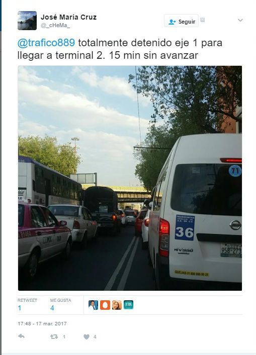 Tráiler provoca caos vial en la Terminal 2 del AICM - tuit-trafico-eje-1