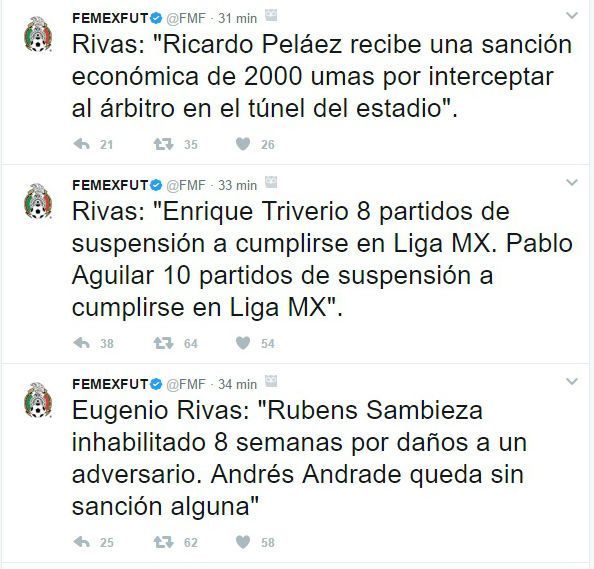 Suspenden diez juegos a Aguilar y ocho a Sambueza - tuits-fmf