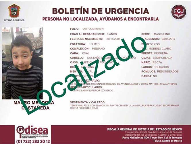 Localizan a niño que desapareció en McDonald’s del Edomex