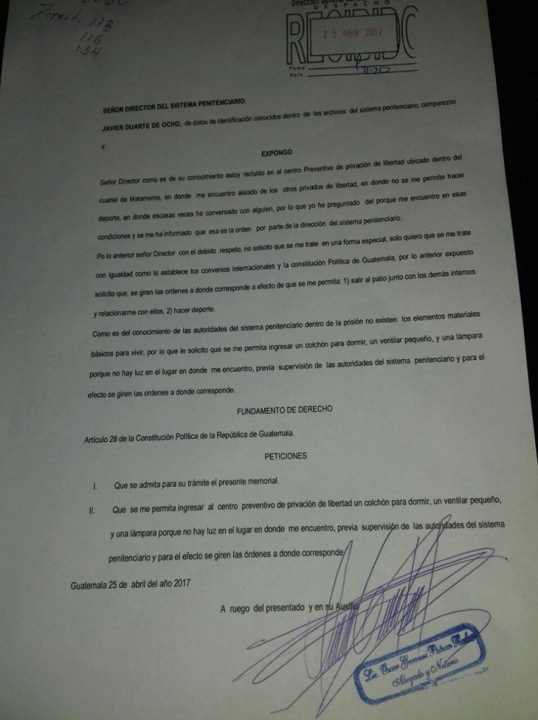 Duarte pide un colchón y un ventilador para su celda en Guatemala - carta-duarte-colchon-765x1024